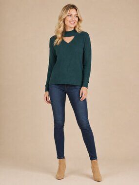2/$30 Chico's Ribbed Cutout High Neck Sweater Emerald 12 #A4141